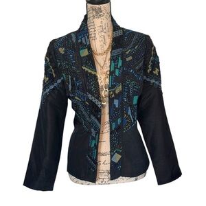 LN Chico’s Black Sz 0- S Turquoise bead & embroidery Open Front Lined Jacket